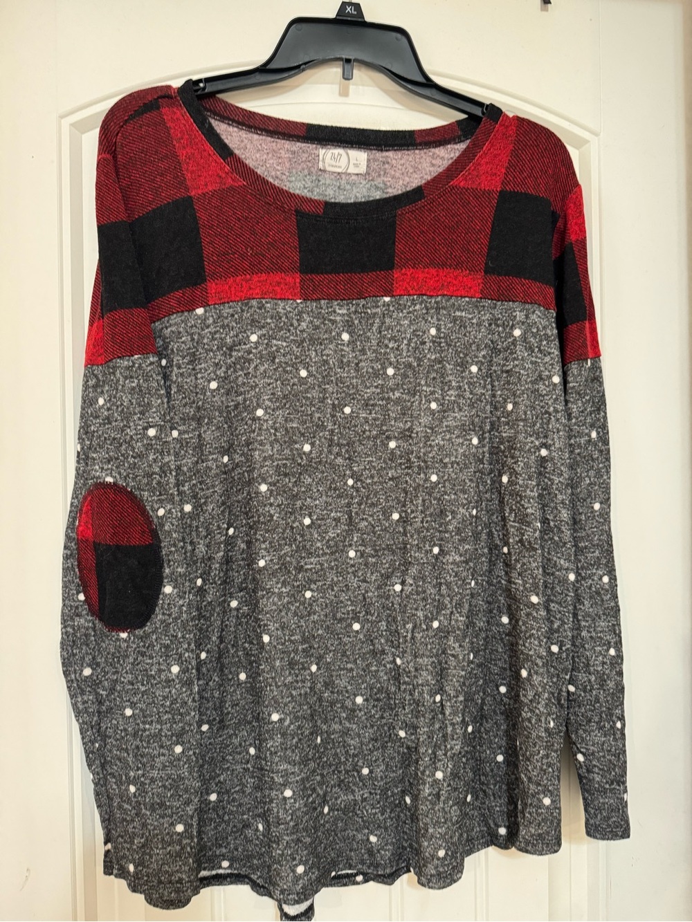 Red & Black Buffalo Plaid Yoke with Gray Dot Pullover